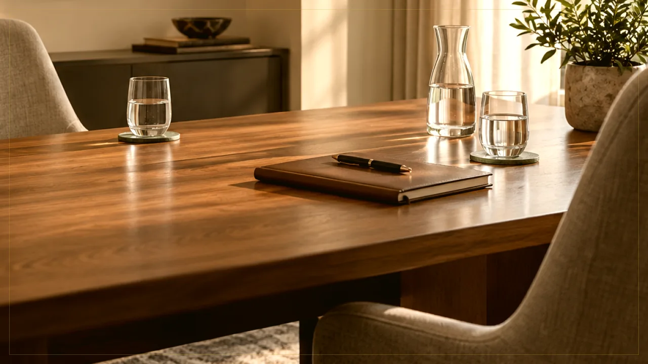 Leather-bound notebook, brass fountain pen, and neatly stacked cream linen folders on a sunlit walnut consultation table